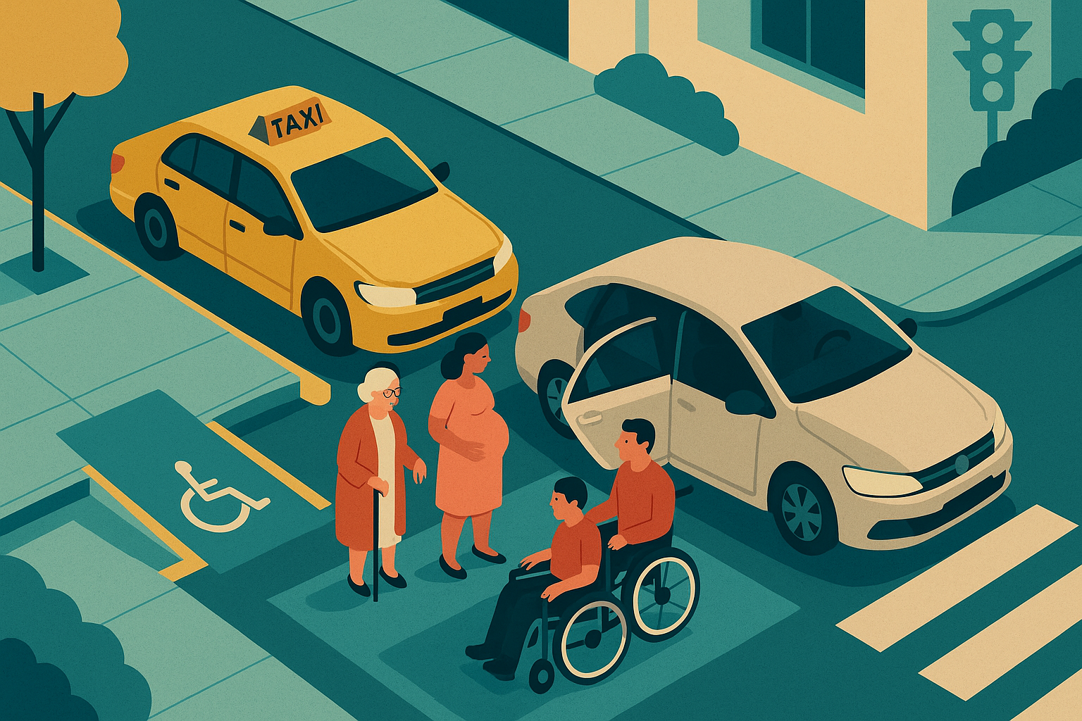 Ilustração mostra como a CCJ aprova livre parada de táxis e carros de aplicativo para atender passageiros prioritários.