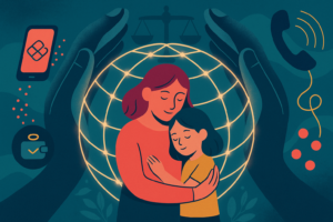 Ilustração de novas leis pix pensão, com mulher e filha envolvidas por uma rede de proteção.