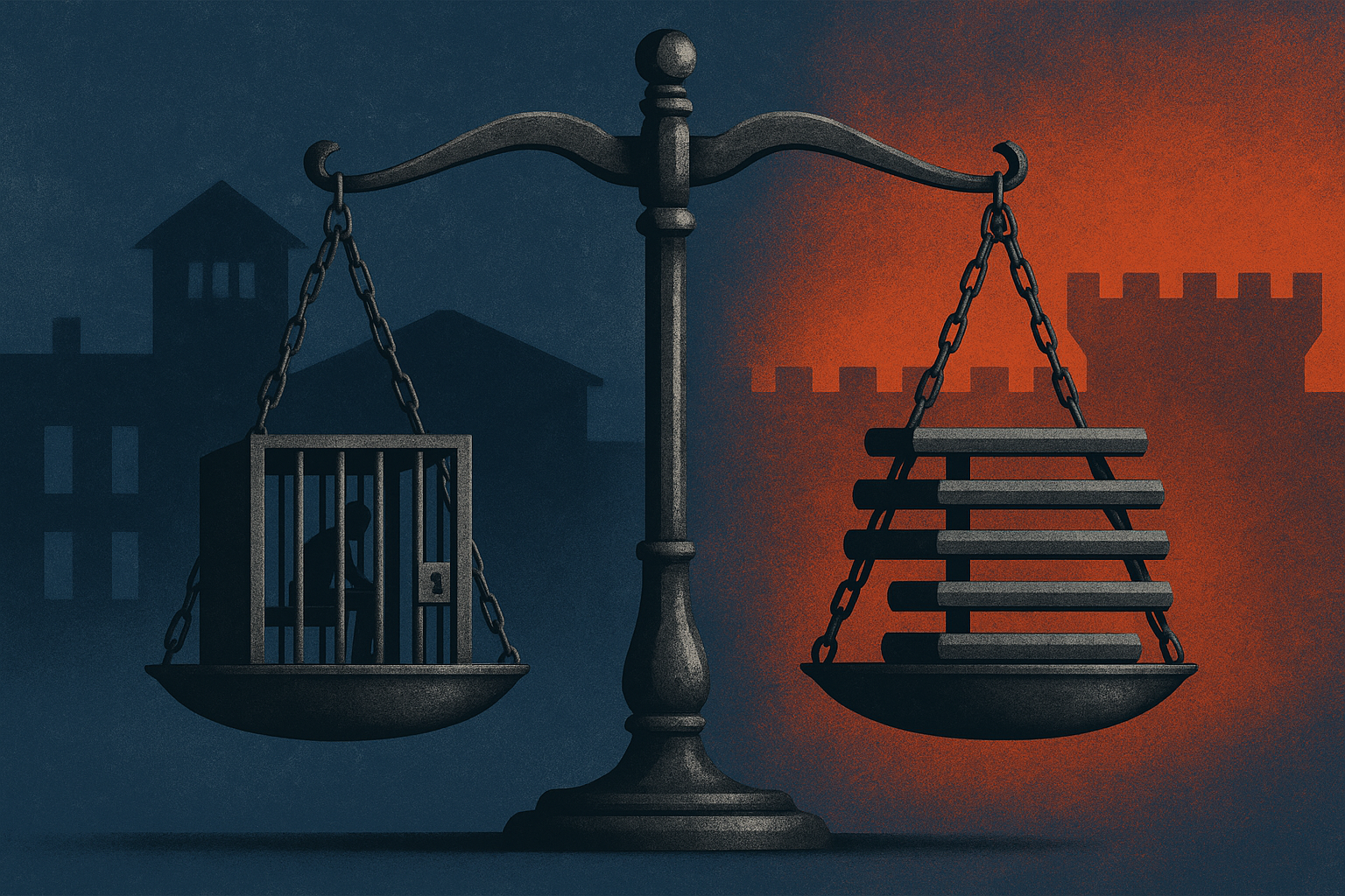 Ilustração sobre projeto prevê até 85% da pena antes da progressão para condenados por crimes hediondos, com balança da justiça e barras de ferro.