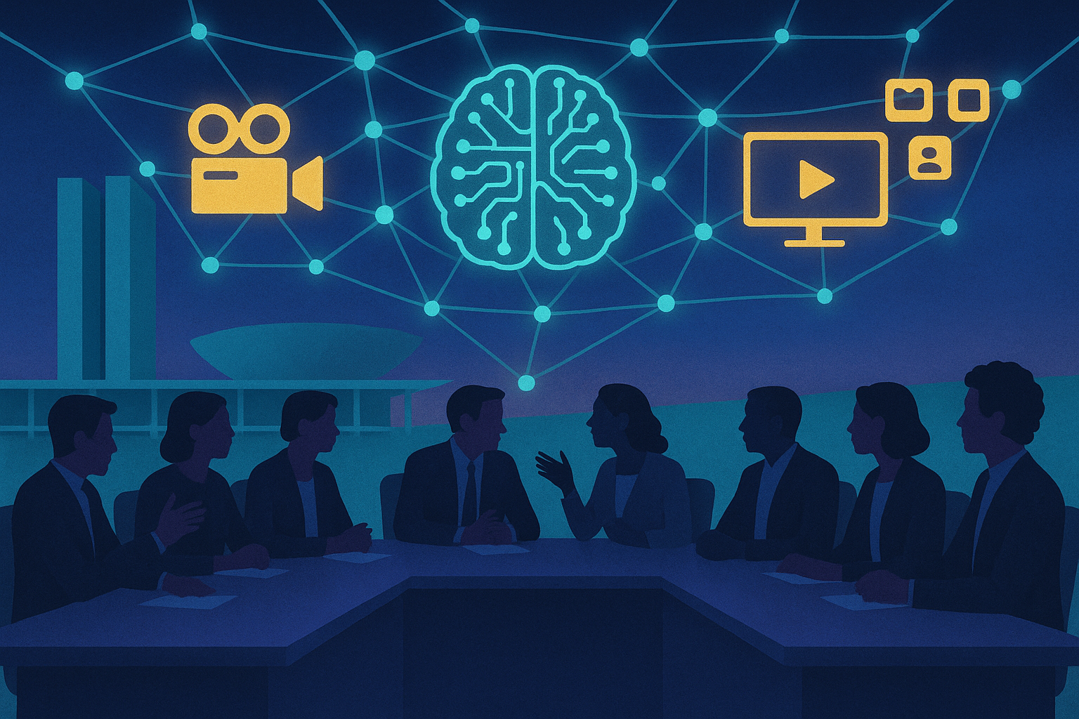 Ilustração de conselho comunicação social debate IA e regulação digital no Brasil