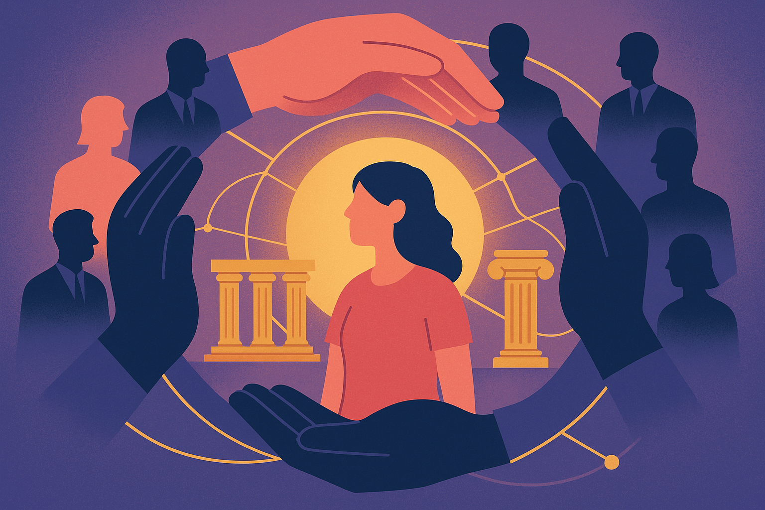Ilustração mostra mãos e instituições protegendo uma mulher; projeto lei quer tornar a política antifeminicídio permanente.