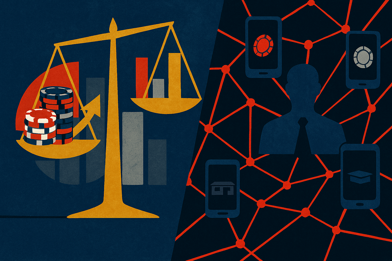 Ilustração sobre Apostas ilegais on-line, com balança, gráficos, celulares conectados e fiscalização institucional.