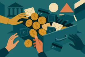 Ilustração de dinheiro esquecido em bancos saindo de uma gaveta financeira, com moedas, cartões e cofres.