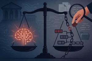 Projeto prevê crime manipulação em imagem com balança da Justiça, IA e mão inserindo comandos em dados.