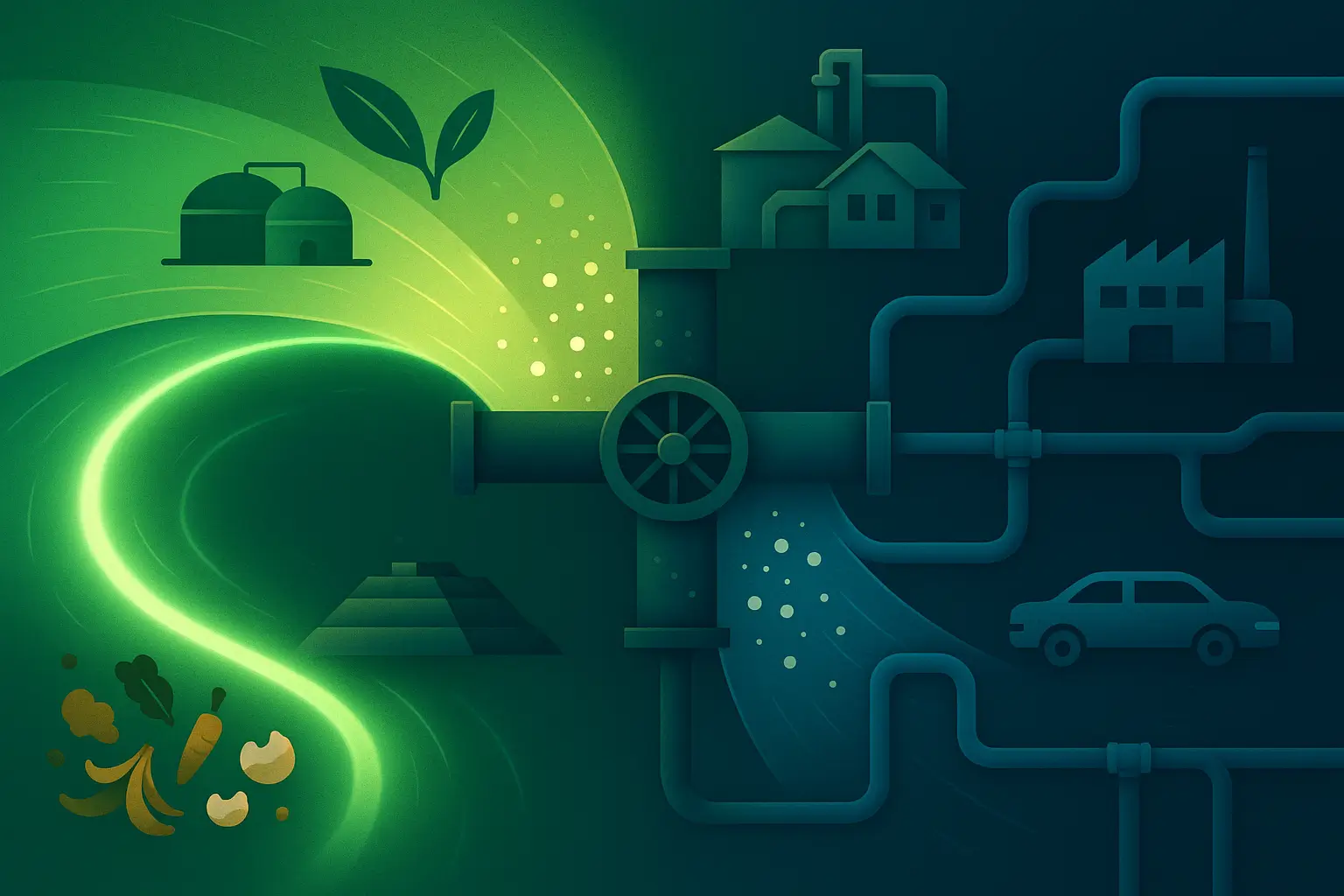 Ilustração de anp autoriza mistura biometano com gás natural, unindo resíduos, gasodutos, casas, indústria e veículos.