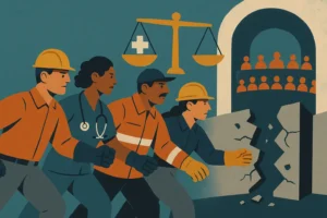 Ilustração de trabalhadores pressionam pela aprovação de mudanças na aposentadoria especial diante do plenário.