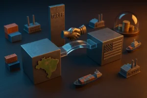 Imagem 3D de negociação entre Brasil e EUA, com barreira tarifária e ponte, em referência à Amcham