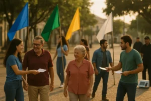 Praça brasileira com eleitores e voluntários na campanha eleitoral 2026 começa neste domingo