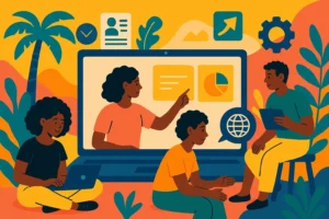 Ilustração de jovens em capacitação digital; programa gratuito abre 500 vagas no Maranhão.