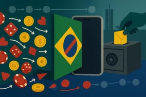 Ilustração sobre a proibição das bets, com barreira brasileira bloqueando fichas diante de celular escurecido.