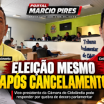 Imagem destacada do Portal Marcio Pires mostra Esequias Vieira do Nascimento, presidente da Câmara Municipal de Cidelândia, à esquerda, e Cleildon Silva Ribeiro, conhecido como Piçarra, vice-presidente, à direita. Ao fundo, o plenário da Câmara. A arte destaca a eleição da Mesa Diretora para o biênio 2027/2028, realizada após o cancelamento oficial, e a suspeita de quebra de decoro parlamentar.