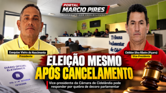 Imagem destacada do Portal Marcio Pires mostra Esequias Vieira do Nascimento, presidente da Câmara Municipal de Cidelândia, à esquerda, e Cleildon Silva Ribeiro, conhecido como Piçarra, vice-presidente, à direita. Ao fundo, o plenário da Câmara. A arte destaca a eleição da Mesa Diretora para o biênio 2027/2028, realizada após o cancelamento oficial, e a suspeita de quebra de decoro parlamentar.