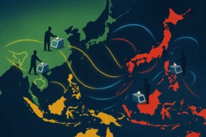 Mapa da Ásia e Oceania dividido por cores, ilustrando as eleições 2026 entre Lula e Flávio Bolsonaro.