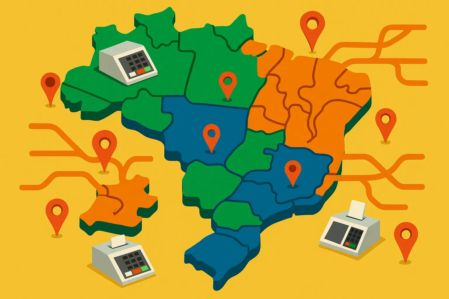 Mapa colorido do Brasil mostra que eleições 2026 batem recorde, com urnas e estados no primeiro e segundo turnos.