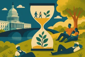 Ilustração do senado aprova fim escala, com trabalhadores descansando e uma ponte entre o Senado e um parque